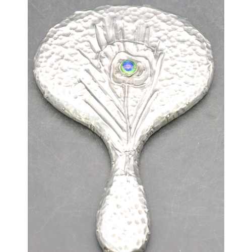 901 - A miniature hammered pewter Arts & Crafts style hand mirror, 14cm long (boxed)