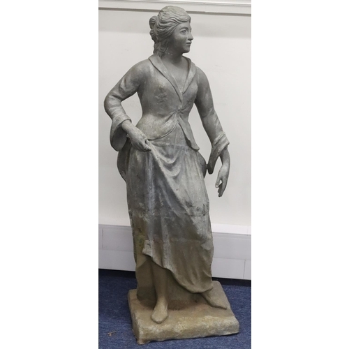 888 - A Bulbeck Foundry large lead figure of a standing lady on rectangular base, 106cm high