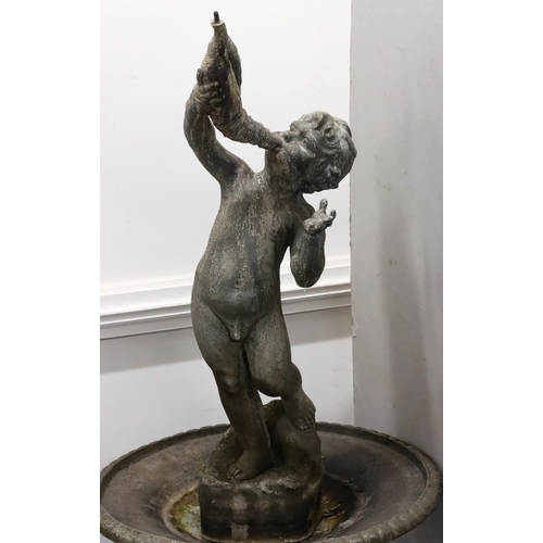 890 - A Bulbeck Foundry large garden fountain with young cupid blowing horn, on circular surround and supp... 