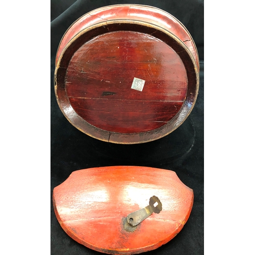 9003 - An Oriental wood box with half lid, red painted with gilt detail, 30cm high. (Some splits to wood on... 