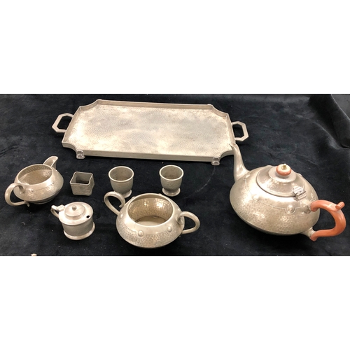 9006 - A pewter tray 49.5cm wide, 24.2cm deep, with matching teapot (hinge a/f), sugar bowl (no lid), milk ... 