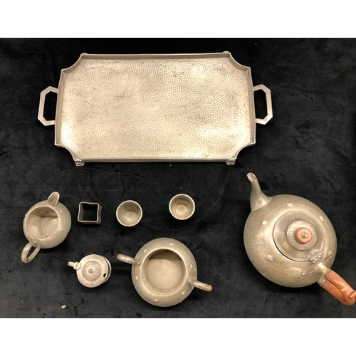 9006 - A pewter tray 49.5cm wide, 24.2cm deep, with matching teapot (hinge a/f), sugar bowl (no lid), milk ... 