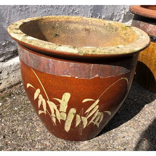 9007 - 5 various glazed terracotta plant pots, largest, 40cm diameter, tallest, 29cm high.