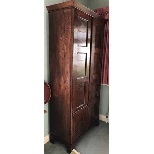 9009 - An oak double cupboard with 2 panel doors, brass lock and key (later sides), enclosing interior uppe... 