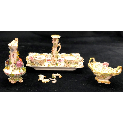 9025 - A 19th Century ink stand set with floral pattern and a similar jug and potpourri bowl (all a/f)