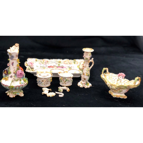 9025 - A 19th Century ink stand set with floral pattern and a similar jug and potpourri bowl (all a/f)