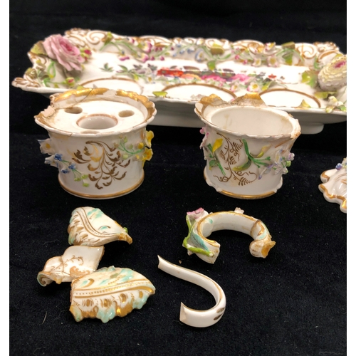 9025 - A 19th Century ink stand set with floral pattern and a similar jug and potpourri bowl (all a/f)