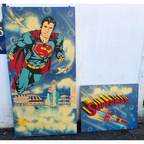 9030 - A hand painted superman panel, 121 x 61cm and another similar hand painted Superman panel 49 x 61cm.... 