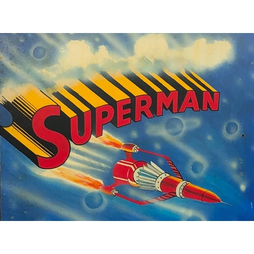 9030 - A hand painted superman panel, 121 x 61cm and another similar hand painted Superman panel 49 x 61cm.... 