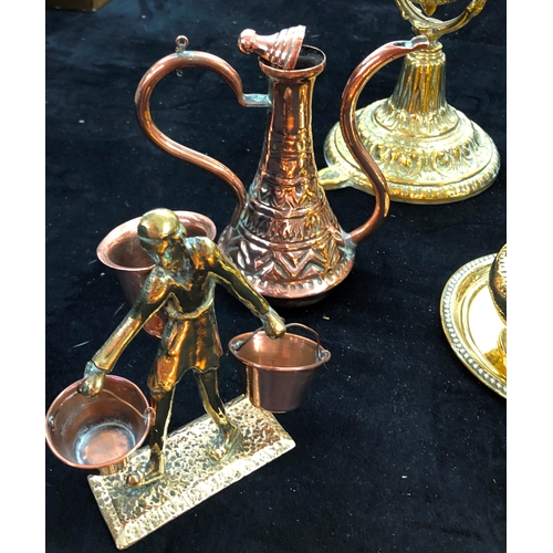 9037 - A quantity of various copper and brass including a ship's candlestick, 26cm high, a pair of candlest... 