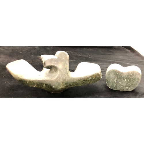 9040 - A carved soapstone Inuit/Eskimo art bird inscribed P. Kotu, 33cm wide, 15cm high and a similar heart... 