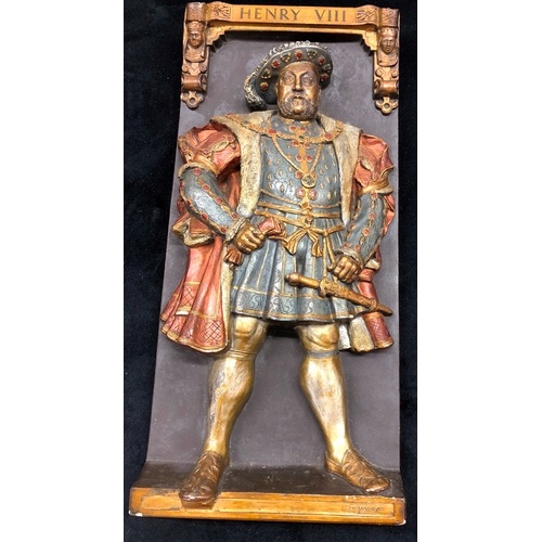 9044 - DH Morton wall plaque of Henry VIII, 36cm high 16.5cm wide, a metal figure of a gentleman with a swo... 