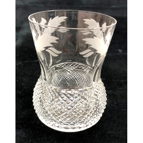 9056 - A set of 6 cut crystal and etched glasses, a cut crystal jug with stopper (chipped to tip), 20cm hig... 