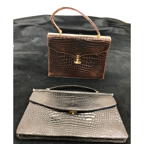 9057 - A brown leather crocodile skin handbag and another black crocodile skin Delvaux Brevete handbag (sli... 