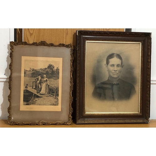 9078 - A black and white print of a lady, 47 x 37cm in wood and gilt frame (some damage) and another black ... 