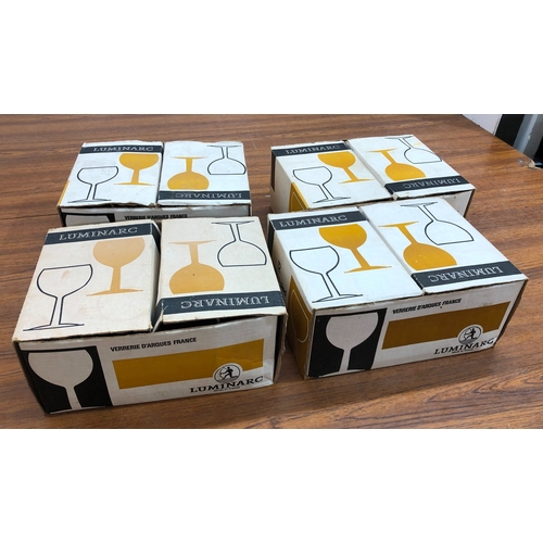 9086 - 4 boxes of Luminarc balloon wine glasses each containing 12 small wine glasses.