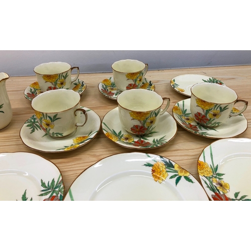 9091 - A Foley china tea service, 5 cups, 6 saucers, 6 side plates, 1 platter, 1 jug, 1 sugar bowl.