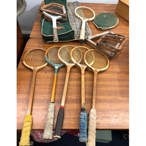 9093 - 5 vintage squash racquets, by Dunlop and Maxply, a Slazenger tennis racquet and an Alpha tennis racq... 