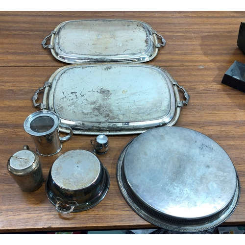 9100 - 2 large silver plated rectangular trays, a circular tray and various silver plated items