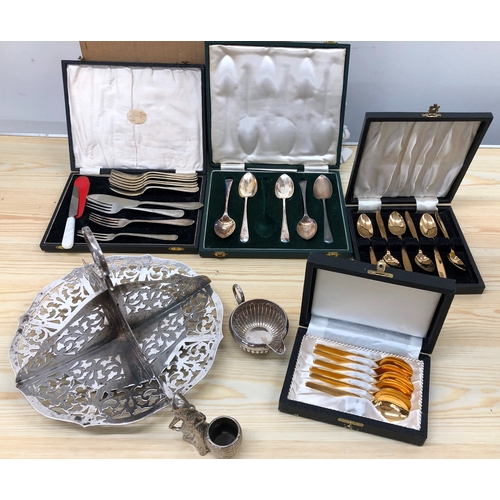 9106 - A quantity of gold and silver plated teaspoon, cake forks, etc.