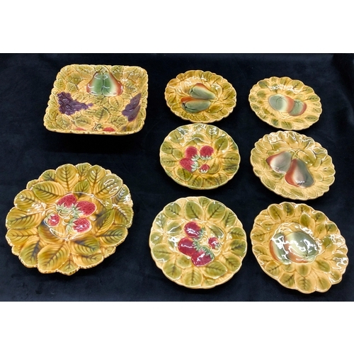 9005 - A set of 6 French Sarreguemines fruit and leaf patterned plates,  19cm diameter and 2 serving dishes... 