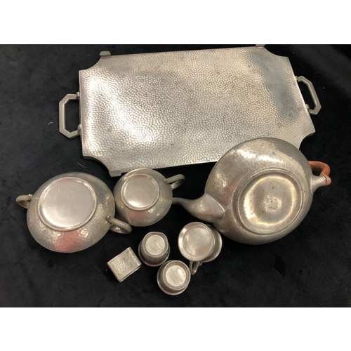 9006 - A pewter tray 49.5cm wide, 24.2cm deep, with matching teapot (hinge a/f), sugar bowl (no lid), milk ... 