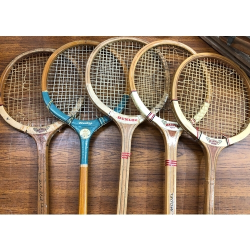 9093 - 5 vintage squash racquets, by Dunlop and Maxply, a Slazenger tennis racquet and an Alpha tennis racq... 