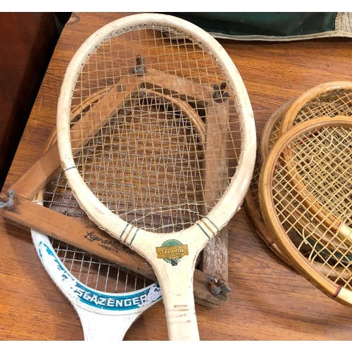 9093 - 5 vintage squash racquets, by Dunlop and Maxply, a Slazenger tennis racquet and an Alpha tennis racq... 