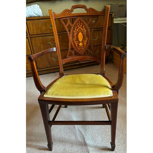 9222 - An Edwardian mahogany armchair, with single front and rear stretchers on 4 tapering legs, lightly pa... 