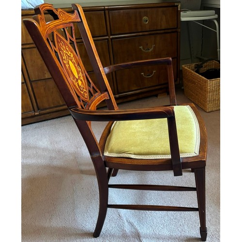 9222 - An Edwardian mahogany armchair, with single front and rear stretchers on 4 tapering legs, lightly pa... 