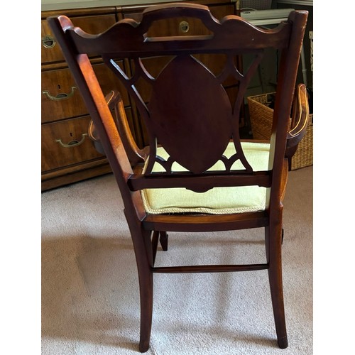 9222 - An Edwardian mahogany armchair, with single front and rear stretchers on 4 tapering legs, lightly pa... 