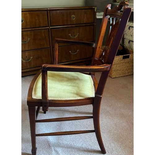 9222 - An Edwardian mahogany armchair, with single front and rear stretchers on 4 tapering legs, lightly pa... 