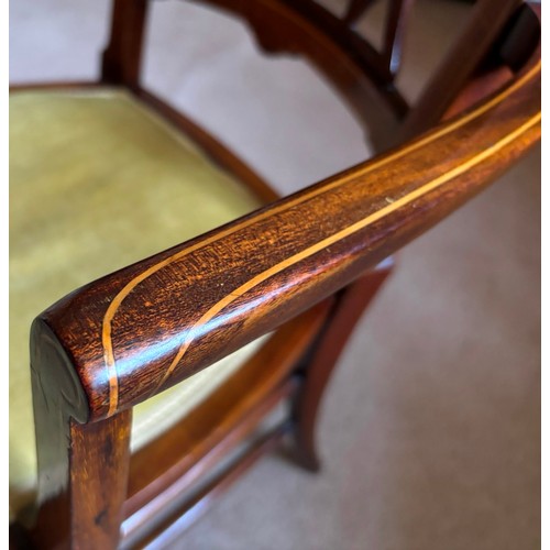 9222 - An Edwardian mahogany armchair, with single front and rear stretchers on 4 tapering legs, lightly pa... 