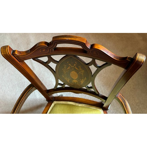 9222 - An Edwardian mahogany armchair, with single front and rear stretchers on 4 tapering legs, lightly pa... 