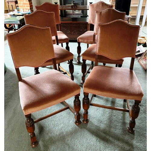 9229 - 6 oak dining chairs with rose pink dralon seats and backs, ornate front legs and plain back legs wit... 