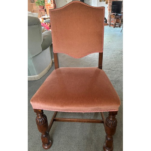 9229 - 6 oak dining chairs with rose pink dralon seats and backs, ornate front legs and plain back legs wit... 