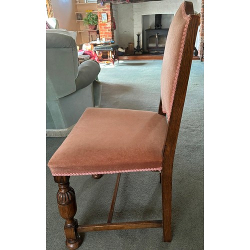 9229 - 6 oak dining chairs with rose pink dralon seats and backs, ornate front legs and plain back legs wit... 