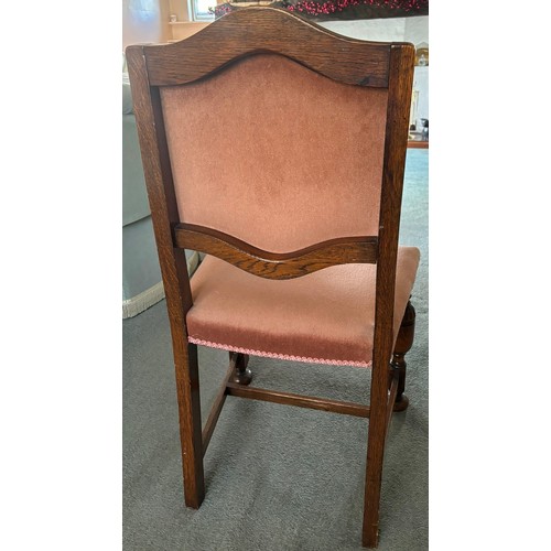 9229 - 6 oak dining chairs with rose pink dralon seats and backs, ornate front legs and plain back legs wit... 