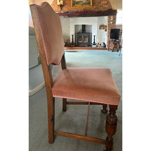 9229 - 6 oak dining chairs with rose pink dralon seats and backs, ornate front legs and plain back legs wit... 