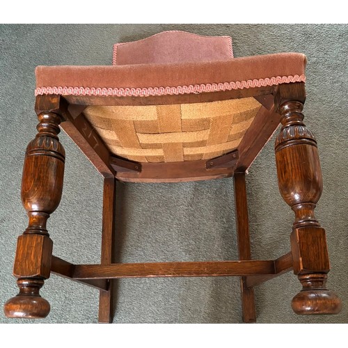 9229 - 6 oak dining chairs with rose pink dralon seats and backs, ornate front legs and plain back legs wit... 