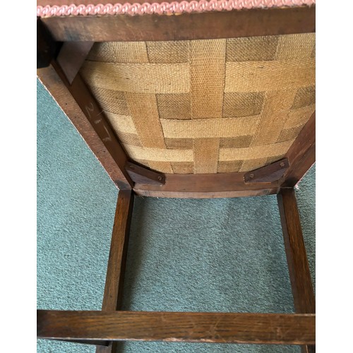 9229 - 6 oak dining chairs with rose pink dralon seats and backs, ornate front legs and plain back legs wit... 