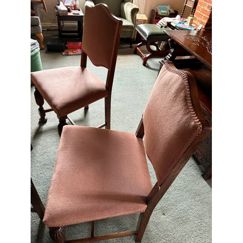 9229 - 6 oak dining chairs with rose pink dralon seats and backs, ornate front legs and plain back legs wit... 