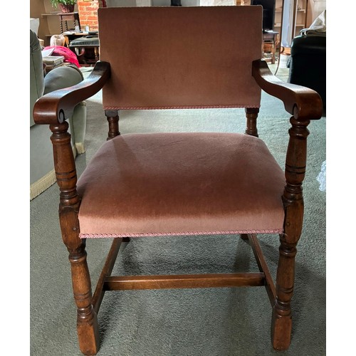 9230 - 2 similar oak carving chairs, maker's mark Maple & Co Ltd, London W1, rose pink dralon fabric uphols... 