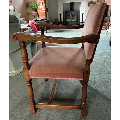 9230 - 2 similar oak carving chairs, maker's mark Maple & Co Ltd, London W1, rose pink dralon fabric uphols... 