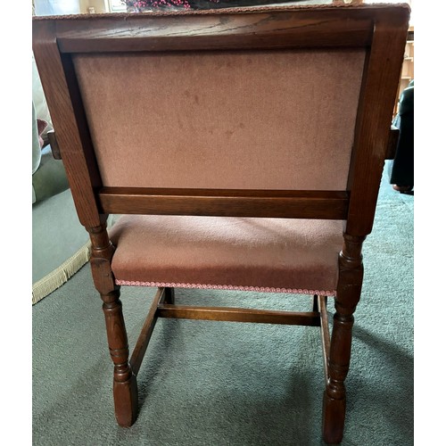 9230 - 2 similar oak carving chairs, maker's mark Maple & Co Ltd, London W1, rose pink dralon fabric uphols... 