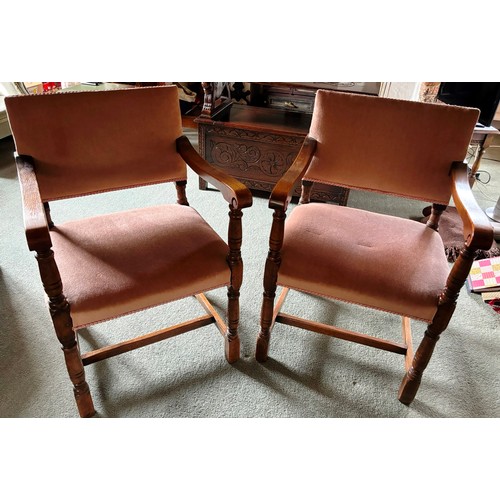 9230 - 2 similar oak carving chairs, maker's mark Maple & Co Ltd, London W1, rose pink dralon fabric uphols... 