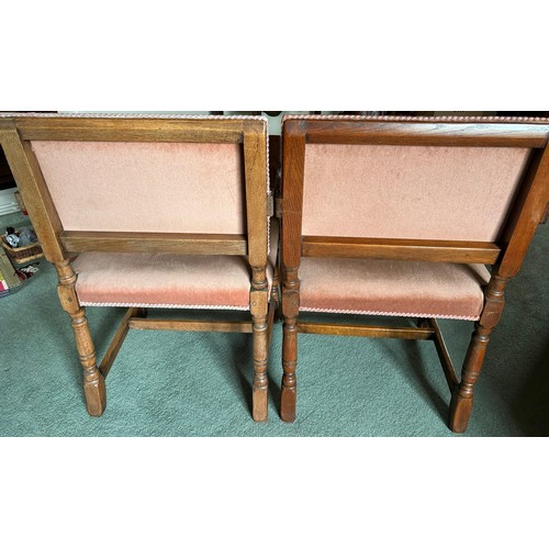 9230 - 2 similar oak carving chairs, maker's mark Maple & Co Ltd, London W1, rose pink dralon fabric uphols... 