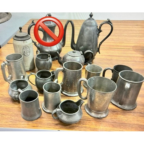 9099 - A quantity of pewter tankards, teapot and coffee pot etc.