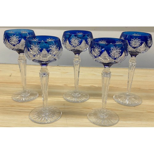 9135 - A set of 5 blue and clear cut glass hock glasses, 19.5cm high