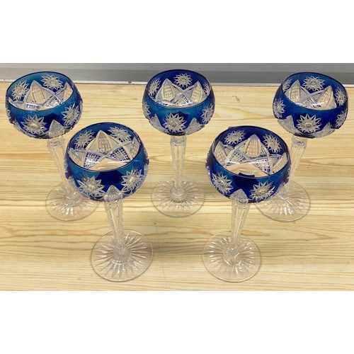 9135 - A set of 5 blue and clear cut glass hock glasses, 19.5cm high